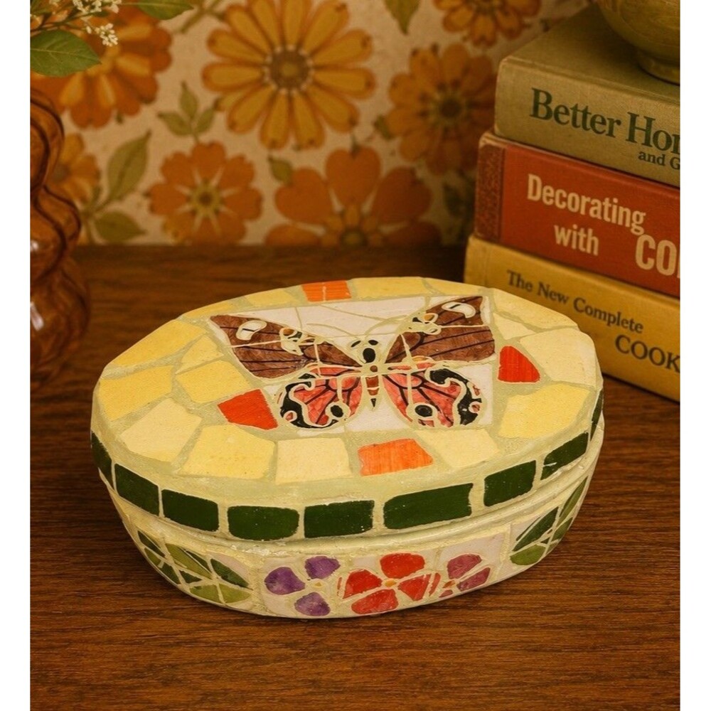 World Bazaar Mosaic Butterfly Trinket Box Floral Oval Jewelry Box Decor Gift